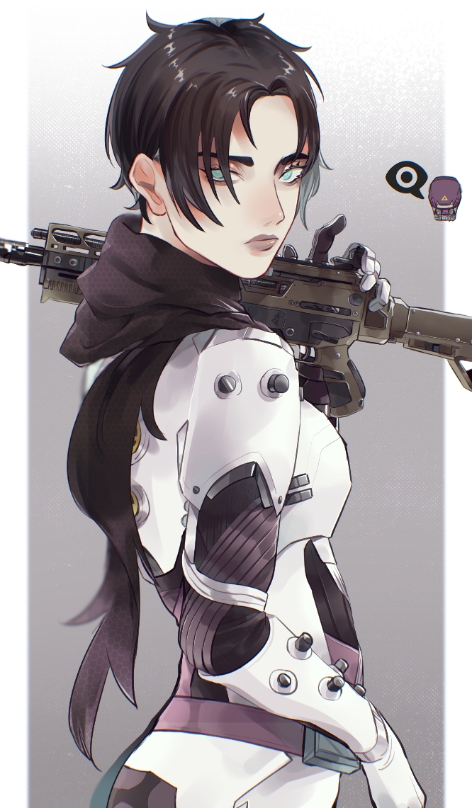 1girl, alternate_hair_length, alternate_hairstyle, animification, apex_legends, assault_rifle, black_hair, black_scarf