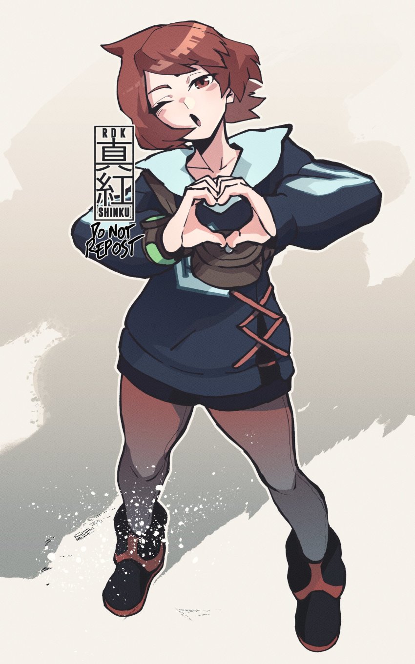 1girl, absurdres, arezu_(pokemon), blue_jacket, bonesaw_(rdkshinku), boots, collarbone, heart, heart_hands, highres, jacket, legs, long_sleeves, nintendo, one_eye_closed, open_mouth, pantyhose, pokemon, pokemon_legends:_arceus, short_hair, shorts, solo, thighs