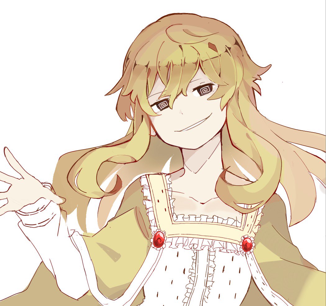 1girl, @_@, blonde_hair, brown_eyes, collarbone, colored_eyelashes, evil_smile, eyelashes, grin, isabeau_de_baviere_(madoka_magica), jewelry, long_hair, long_sleeves, magia_record:_mahou_shoujo_madoka_magica_gaiden, mahou_shoujo_madoka_magica, mahou_shoujo_tart_magica, mature_female, messy_hair, poyo_75, queen, royal_robe, simple_background, smile, smirk, solo, white_background