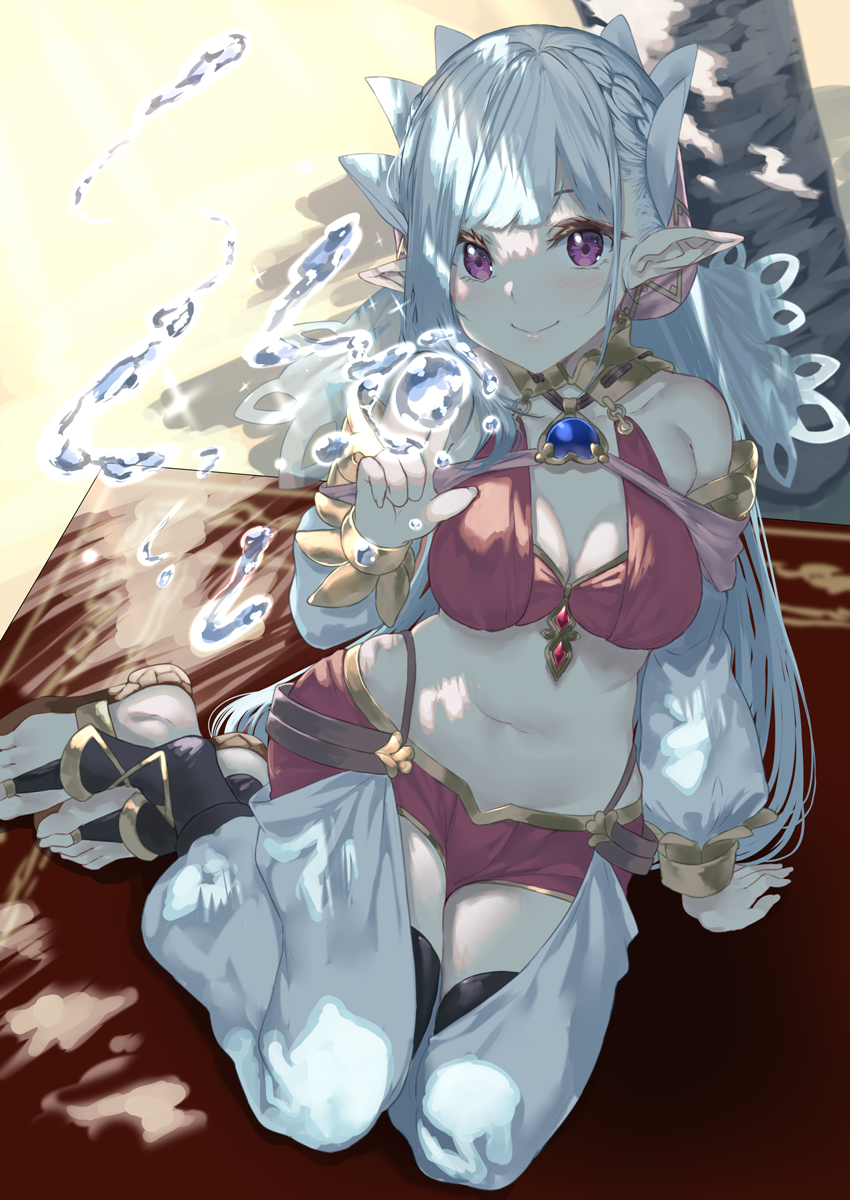 1girl, barefoot_sandals_(jewelry), braid, breasts, cleavage, crown_braid, detached_sleeves, eyebrows_hidden_by_hair