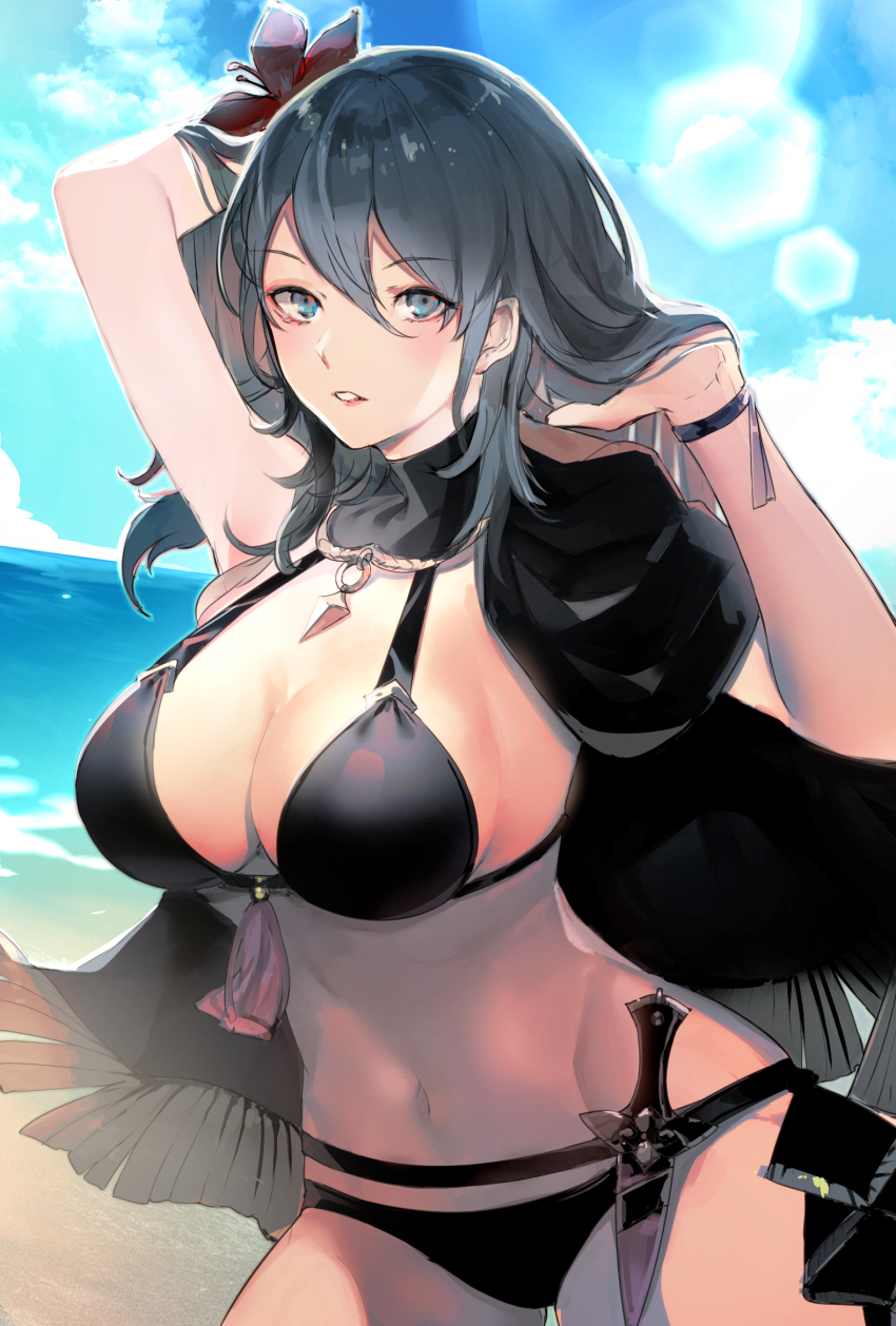 1girl, arms_up, beach, bikini, black_bikini, black_cape, blue_eyes, blue_hair, blue_sky, breasts, female_byleth_(fire_emblem), female_byleth_(summer)_(fire_emblem), cape, cleavage, cloud, commentary_request, day, fire_emblem, fire_emblem:_three_houses, fire_emblem_heroes, flower, hair_between_eyes, hair_flower, hair_ornament, hand_in_own_hair, hibiscus, highres, knife, large_breasts, lips, long_hair, looking_at_viewer, machi_wt, navel, nintendo, ocean, official_alternate_costume, outdoors, parted_lips, sheath, sheathed, sideboob, sky, solo, swimsuit, teeth, water, weapon
