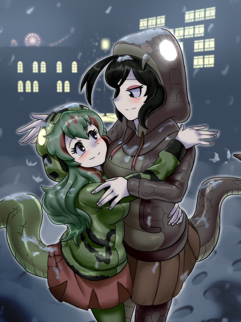 black_hair, black_mamba_(kemono_friends), boomslang_(kemono_friends), couple, green_hair, green_hood, haegiwa_gonbee, height_difference