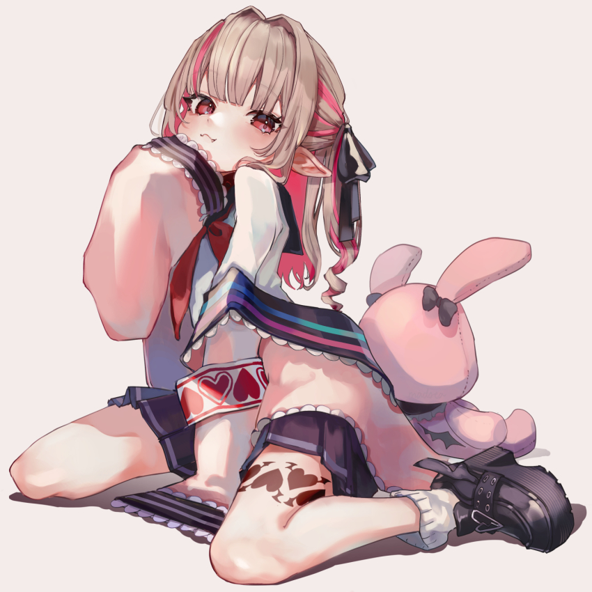 1girl, :3, arched_back, between_legs, creepers, demon_wings, fang, full_body, grey_hair, hair_ribbon, hand_between_legs, hand_on_own_face, highres, jacket, long_sleeves, looking_at_viewer, madota_yuki, makaino_ririmu, makaino_ririmu_(4th_costume), multicolored_hair, nijisanji, pink_eyes, pink_hair, pink_jacket, platform_footwear, pointy_ears, ribbon, school_uniform, serafuku, sitting, sleeves_past_fingers, sleeves_past_wrists, solo, streaked_hair, stuffed_animal, stuffed_rabbit, stuffed_toy, tattoo, virtual_youtuber, wariza, white_background, wings