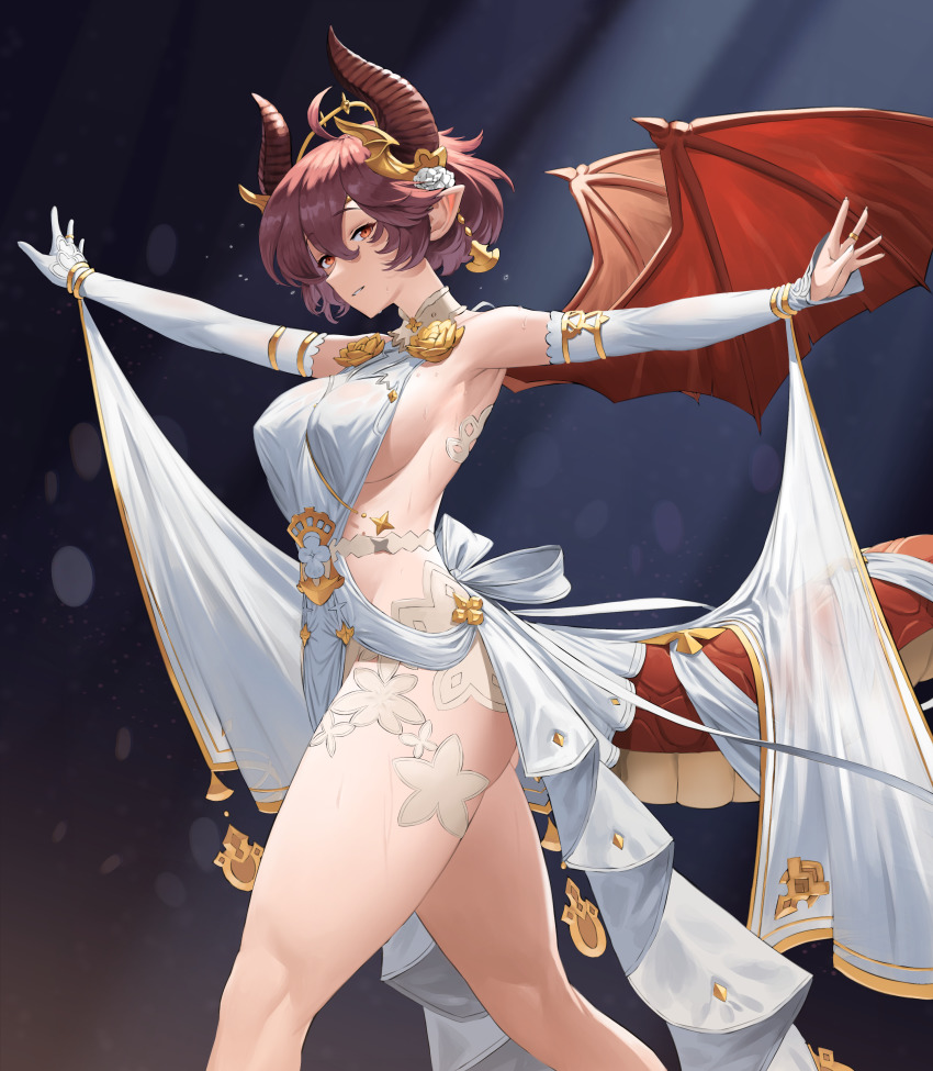 1girl, absurdres, ahoge, ass, bare_shoulders, breasts, covered_erect_nipples, detached_sleeves, dragon_girl, dragon_horns, dragon_tail, dragon_wings, dress, feet_out_of_frame, gloves, granblue_fantasy, grea_(shingeki_no_bahamut), grin, hair_between_eyes, halter_dress, halterneck, highres, horns, large_breasts, looking_at_viewer, manaria_friends, outstretched_arms, pointy_ears, purple_hair, red_eyes, revealing_clothes, short_hair, shou_illust, sideboob, sideless_outfit, sideways_glance, single_glove, smile, solo, tail, thighs, white_dress, wings