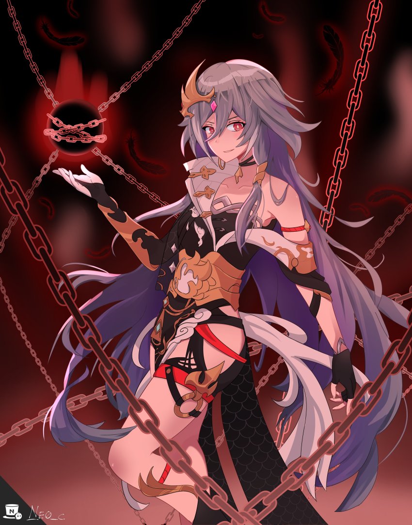 1girl, absurdres, asymmetrical_gloves, asymmetrical_sleeves, black_gloves, black_hair, chain, chinese_clothes, fingerless_gloves, gloves, grin, hair_between_eyes, hair_ornament, herrscher_of_sentience, highres, honkai_(series), honkai_impact_3rd, long_hair, looking_at_viewer, mismatched_gloves, multicolored_hair, neochromaticx, open_mouth, red_eyes, smile, solo, streaked_hair, teeth, uneven_sleeves, v-shaped_eyebrows, white_gloves