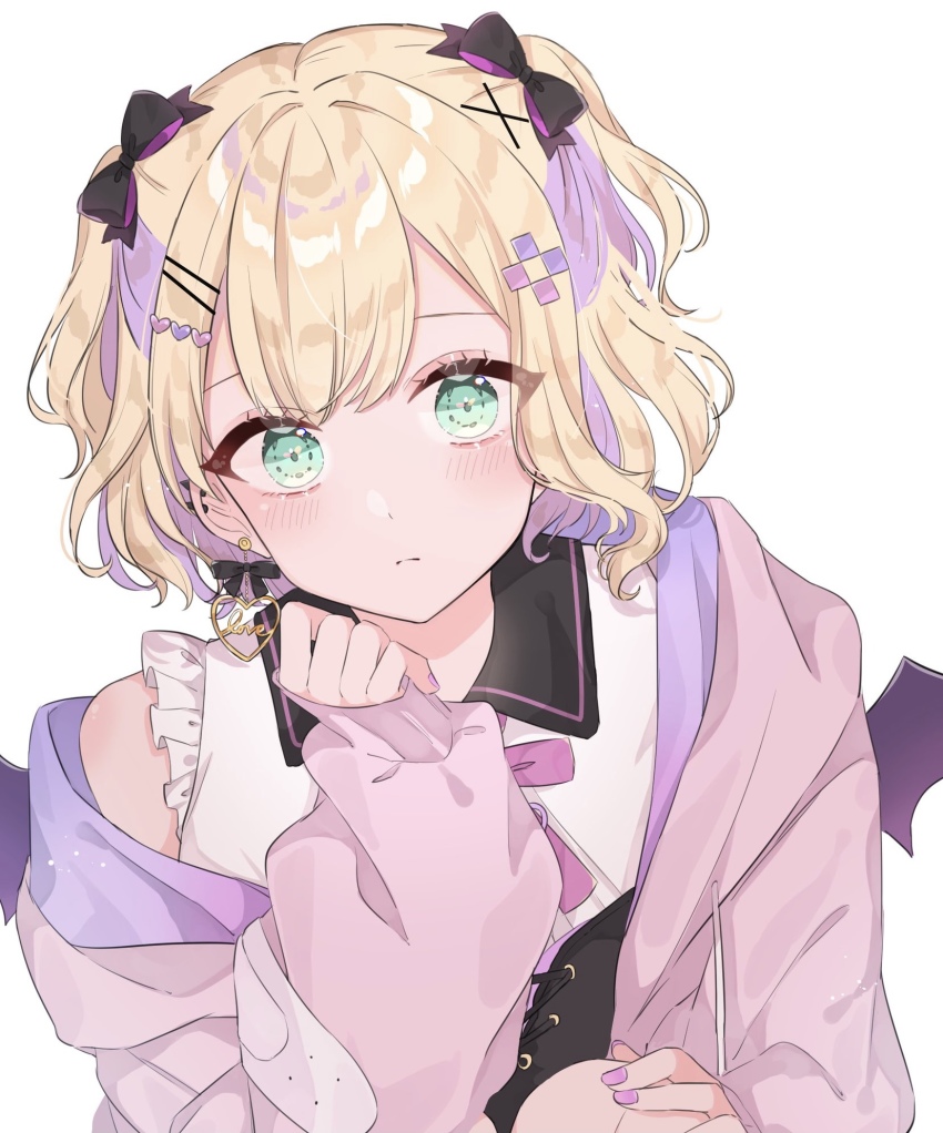 1girl, bat_wings, black_bow, black_collar, blonde_hair, blush, bow, collar