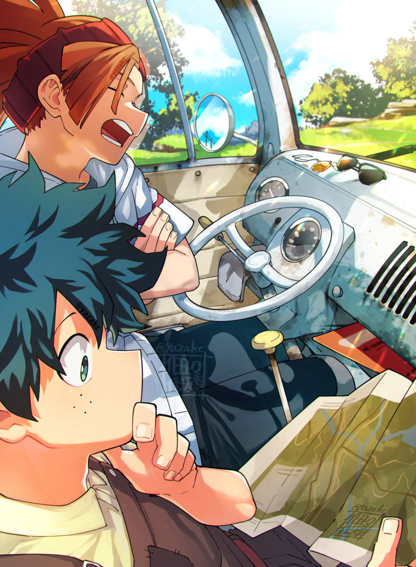 2boys, boku_no_hero_academia, boku_no_hero_academia:_world_heroes'_mission, brown_hair, car, curly_hair, freckles, green_eyes