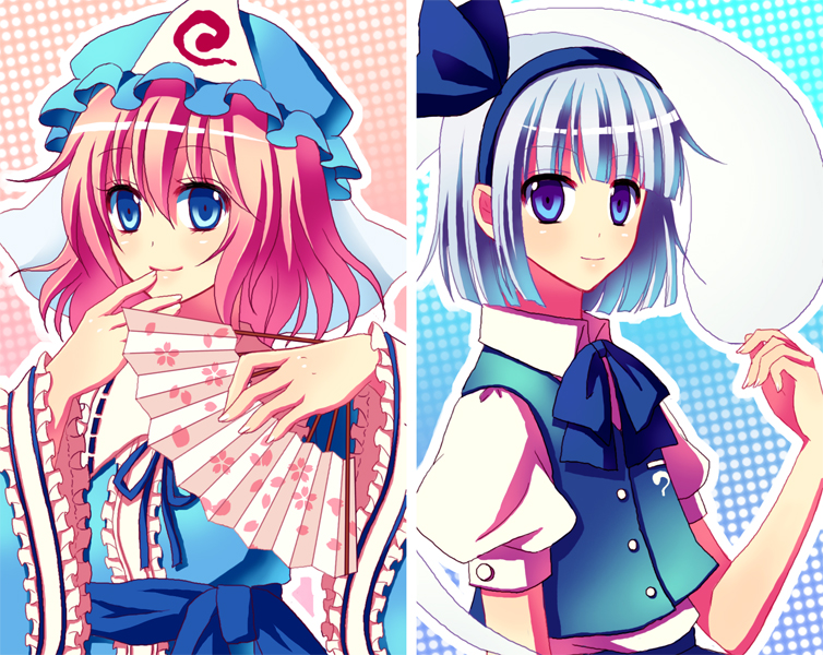 2girls, bad_id, bad_pixiv_id, blue_eyes, female_focus, folding_fan, ghost, hairband