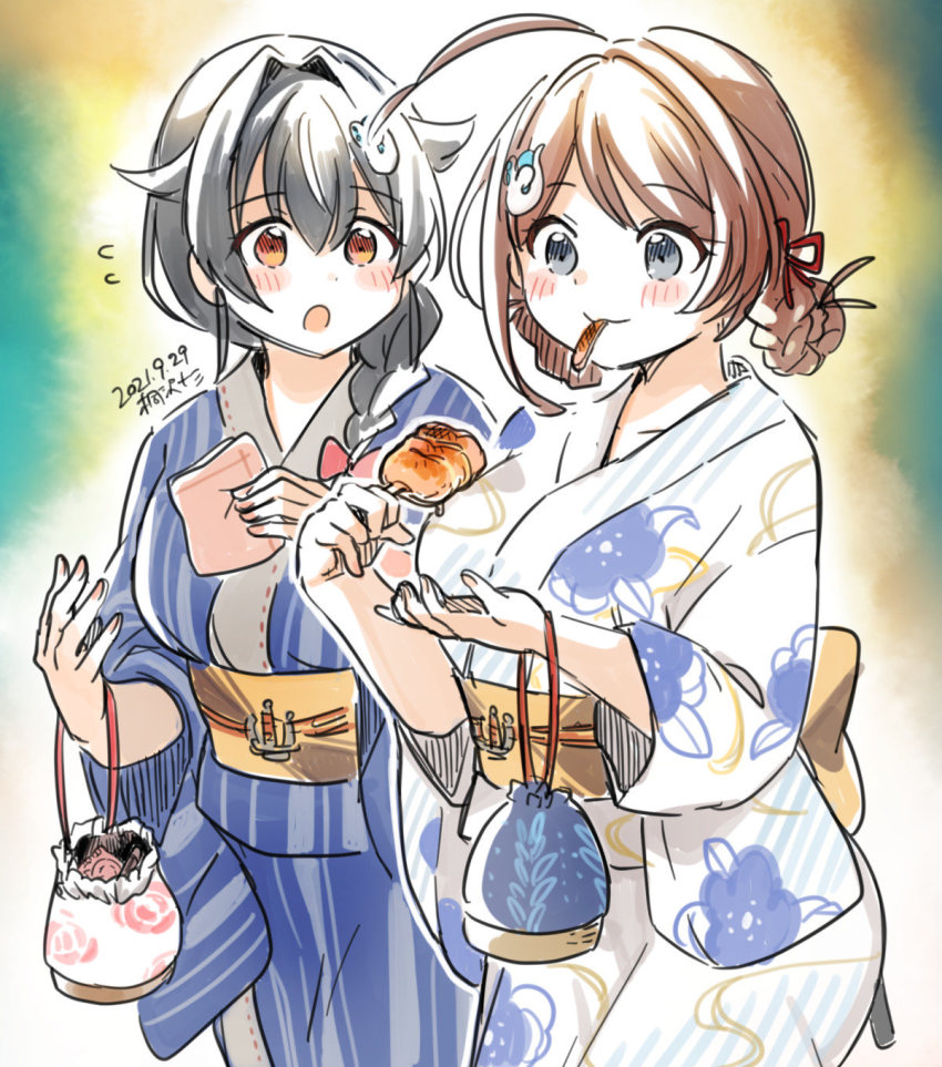 2girls, ahoge, artist_name, black_hair, black_kimono, blue_eyes, blush, braid