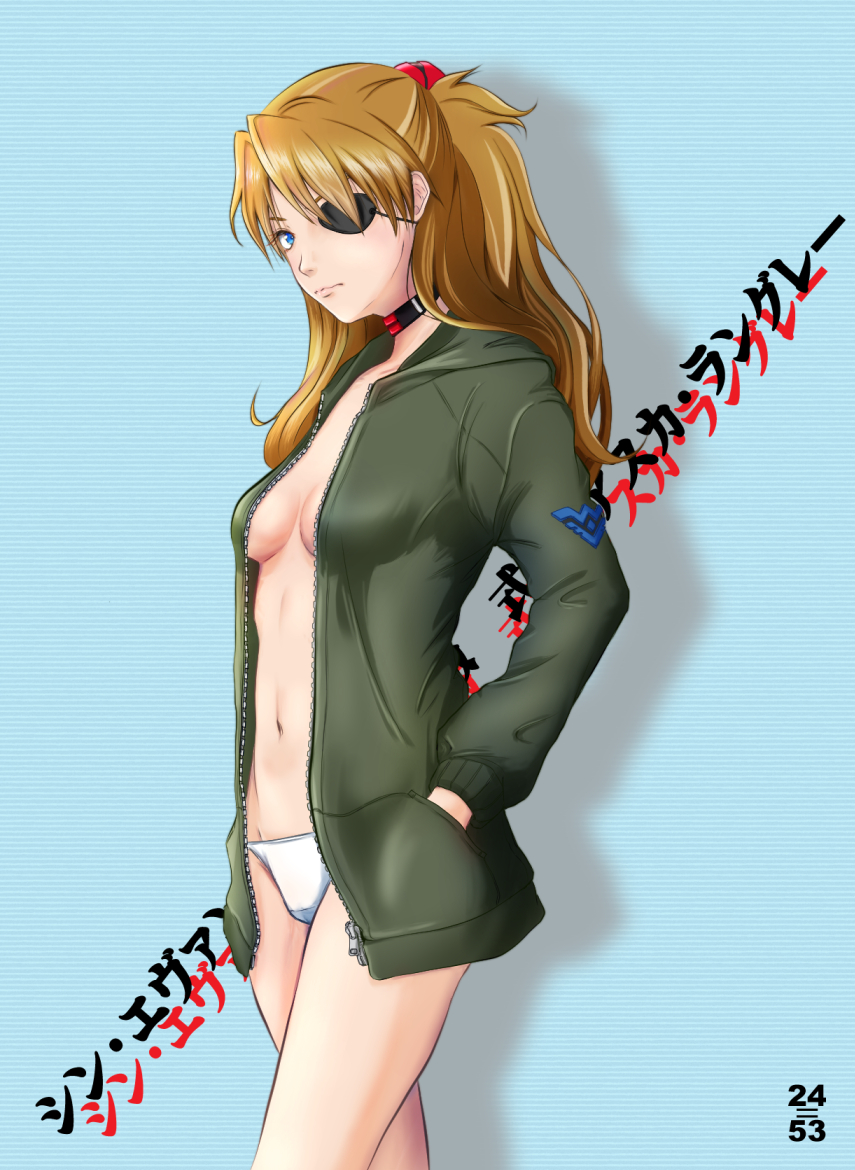 1girl, blue_background, blue_eyes, breasts, breasts_apart, brown_hair, choker, evangelion:_3.0+1.0_thrice_upon_a_time