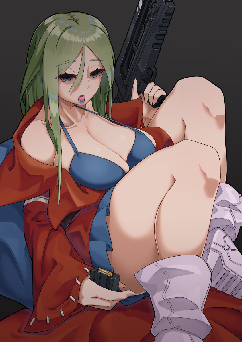 1girl, absurdres, assault_rifle, bare_shoulders, black_background, blue_dress, blue_eyes, blue_lips