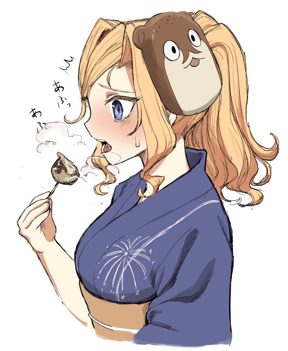 1girl, blonde_hair, blue_eyes, blue_kimono, blush, bokukawauso, food, highres