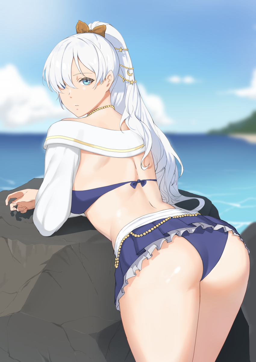 1girl, absurdres, anastasia_(fate), anastasia_(swimsuit_archer)_(third_ascension)_(fate), ass, back, bikini, blue_bikini