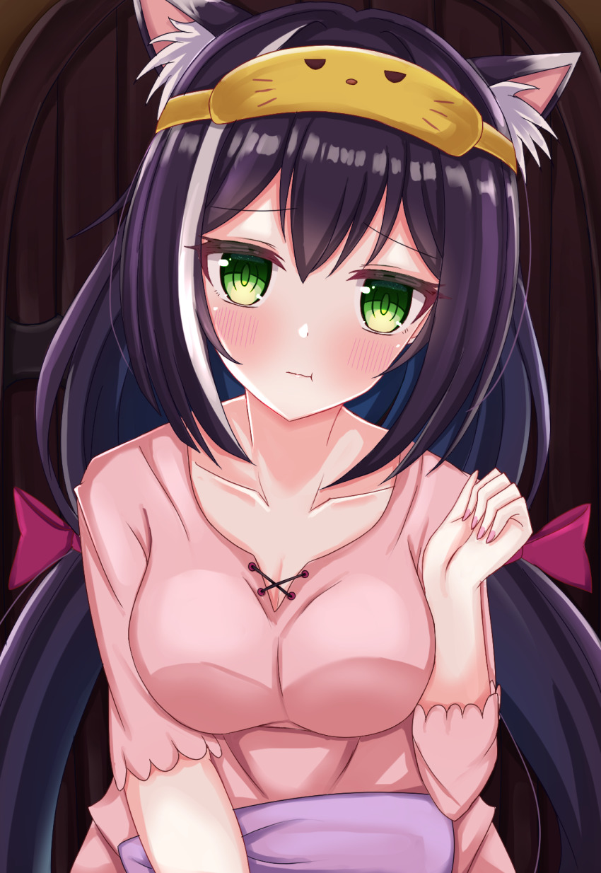 1girl, animal_ear_fluff, animal_ears, black_hair, blush, bow, breasts, cat_ears, cat_girl, cleavage, green_eyes, hair_bow, highres, imono_y, karyl_(princess_connect!), low_twintails, multicolored_hair, pajamas, pink_shirt, princess_connect!, shirt, solo, streaked_hair, twintails, two-tone_hair, white_hair