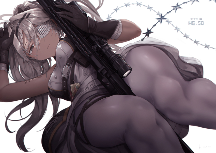 1girl, anti-materiel_rifle, bolt_action, breasts, dark-skinned_female, dark_skin, eyepatch, girls'_frontline, grey_hair, gun, hand_on_own_head, hs.50_(girls'_frontline), medium_breasts, mishima_hiroji, pantyhose, rifle, scope, skindentation, sniper_rifle, solo, steyr_hs_.50, tattoo, thigh_strap, thighs, weapon, weapon_name, white_pantyhose