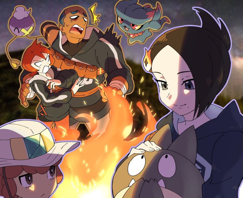 2boys, 2girls, ^^^, arezu_(pokemon), bag, black_jacket, bright_pupils, brown_bag