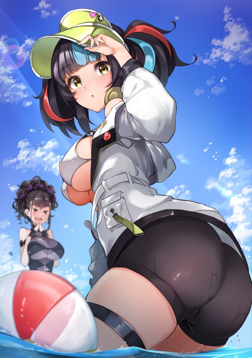 >_<, 2girls, ass, ball, beachball, bikini, bikini_top_only, breasts