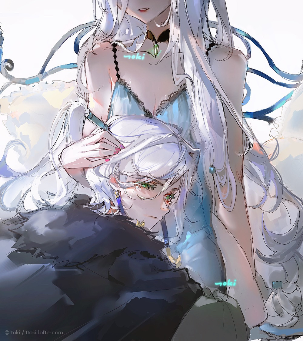 2girls, bare_shoulders, earrings, fur, grey_hair, hand_on_another's_head, jewelry, long_hair, lying, lying_on_person, multiple_girls, nail_polish, red_nails, sky:_children_of_the_light, sky_child, tassel, tassel_earrings, teth_(sky:_children_of_the_light), toki_yuan_yuan, ultimate_tassels, yuri