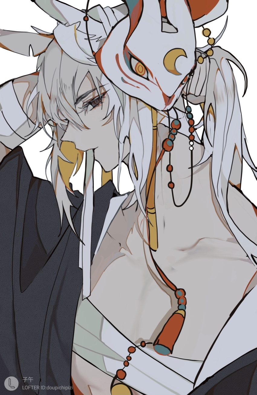 1boy, absurdres, bandages, bird_hair, chain, collarbone, earrings, from_side, highres, holding, holding_own_hair, in_mouth, jewelry, looking_at_viewer, mask, mask_on_head, mimizuku_(sky:_children_of_the_light), moon_print, open_clothes, ponytail, sky:_children_of_the_light, solo, tassel, tassel_earrings, ultimate_tassels