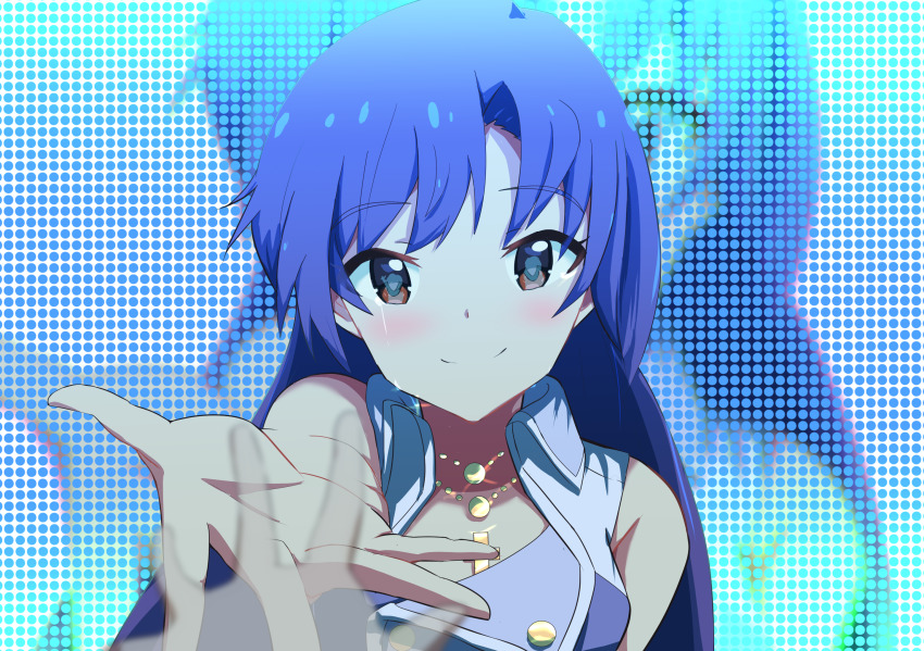1boy, 1girl, blue_hair, blush, display_board, eye_reflection, foreshortening, highres, idol, idolmaster, idolmaster_(classic), jewelry, kisaragi_chihaya, kisaragi_yuu_(idolmaster), long_hair, looking_at_viewer, luxury_(idolmaster), necklace, pov, pov_hands, reaching, reaching_towards_viewer, reflection, sanami_(sanami_t_38), shirt, sleeveless, sleeveless_shirt, smile, stage, teardrop, transparent_hand, upper_body