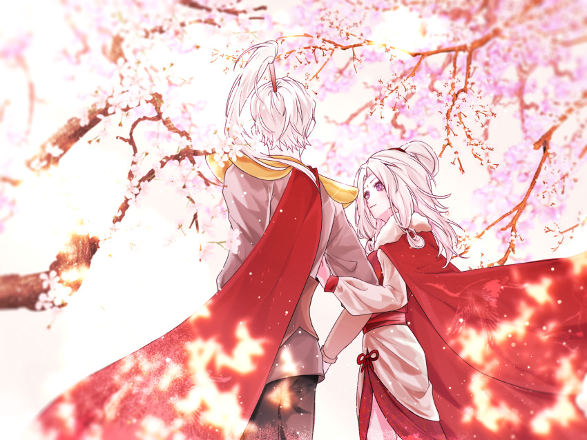1boy, 1girl, back, cape, cherry_blossoms, couple, floating_hair, fur_cape
