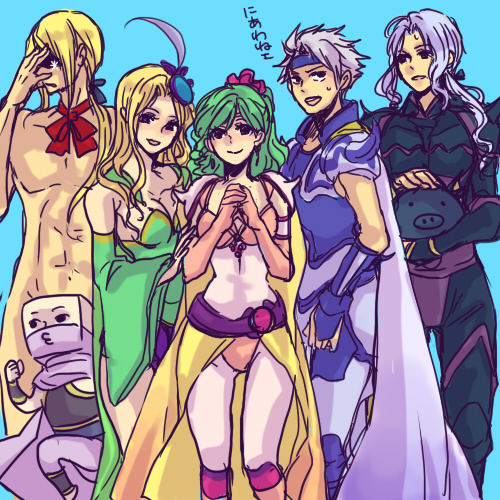 2girls, 3boys, 9wa, armor, blonde_hair, bow, bowtie, cain_highwind, cain_highwind_(cosplay), cape, cecil_harvey, cecil_harvey_(cosplay), cosplay, edward_geraldine, edward_geraldine_(cosplay), final_fantasy, final_fantasy_iv, green_hair, grey_hair, hair_ornament, headband, helmet, leotard, long_hair, lowres, multiple_boys, multiple_girls, nude, rosa_farrell, rosa_farrell_(cosplay), rydia_(ff4), rydia_(ff4)_(cosplay), short_hair, whyt