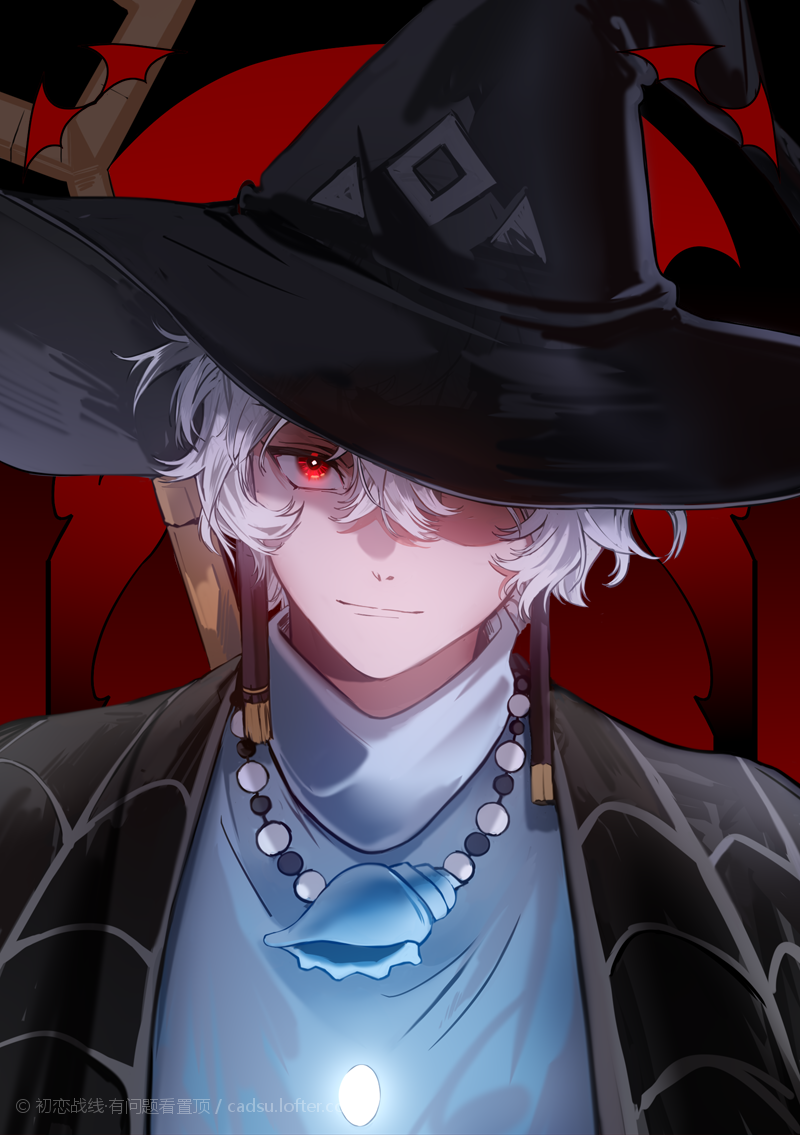 1boy, crooked_witch, earrings, grey_hair, halloween, hat, jewelry, mizumoe