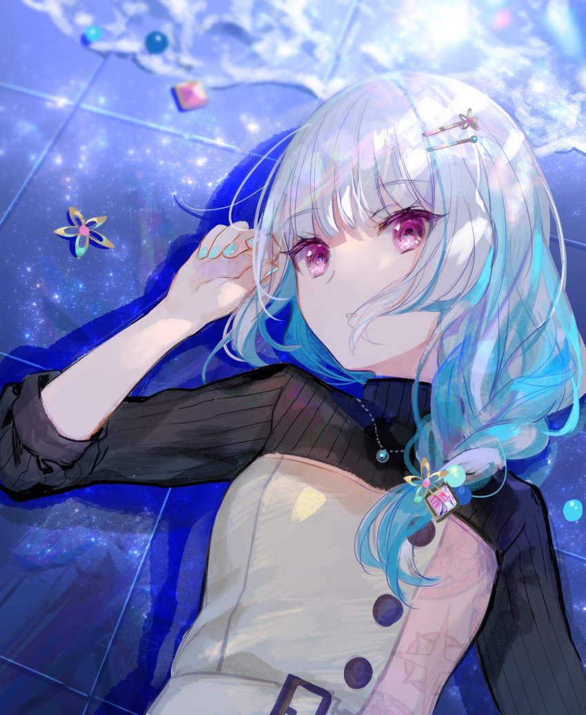 1girl, blue_hair, blunt_bangs, braid, buckle, fuzichoco, hair_ornament, hairclip