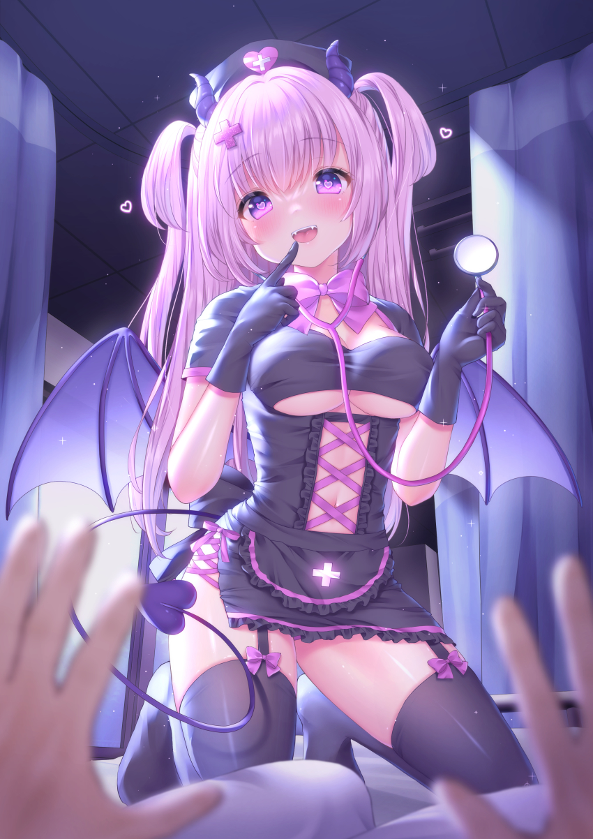 1boy, 1girl, :d, absurdres, black_dress, black_gloves, black_thighhighs, blue_wings