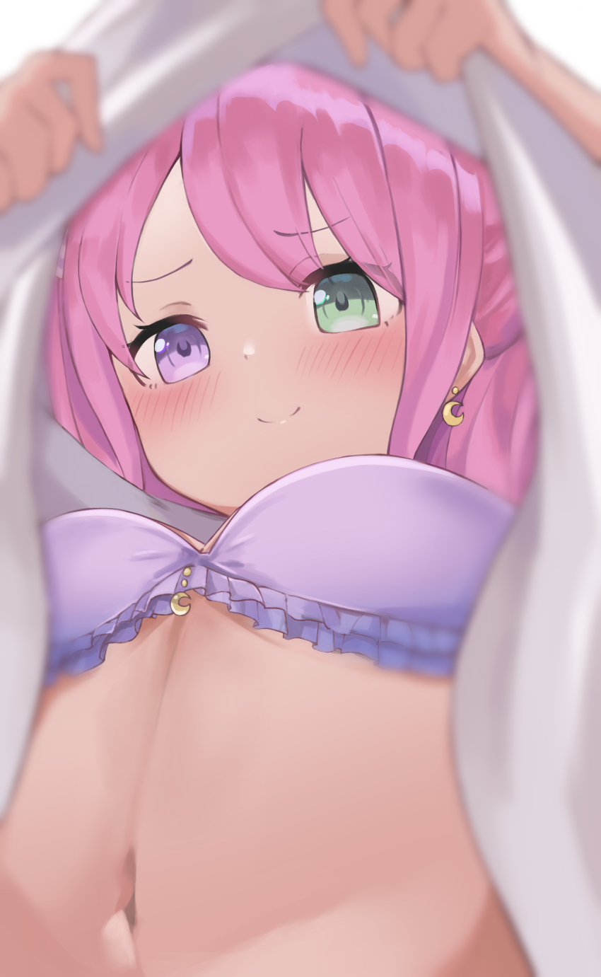 1girl, absurdres, ayama_nano, blurry, blurry_foreground, blush, bra, breasts, closed_mouth, clothes_lift, commentary_request, crescent, crescent_earrings, depth_of_field, earrings, eyes_visible_through_hair, frilled_bra, frills, from_below, green_eyes, heterochromia, highres, himemori_luna, hololive, jewelry, lifting_own_clothes, looking_at_viewer, looking_down, medium_breasts, navel, pink_hair, purple_bra, purple_eyes, shirt, shirt_lift, smile, solo, underwear, upshirt, virtual_youtuber, white_shirt