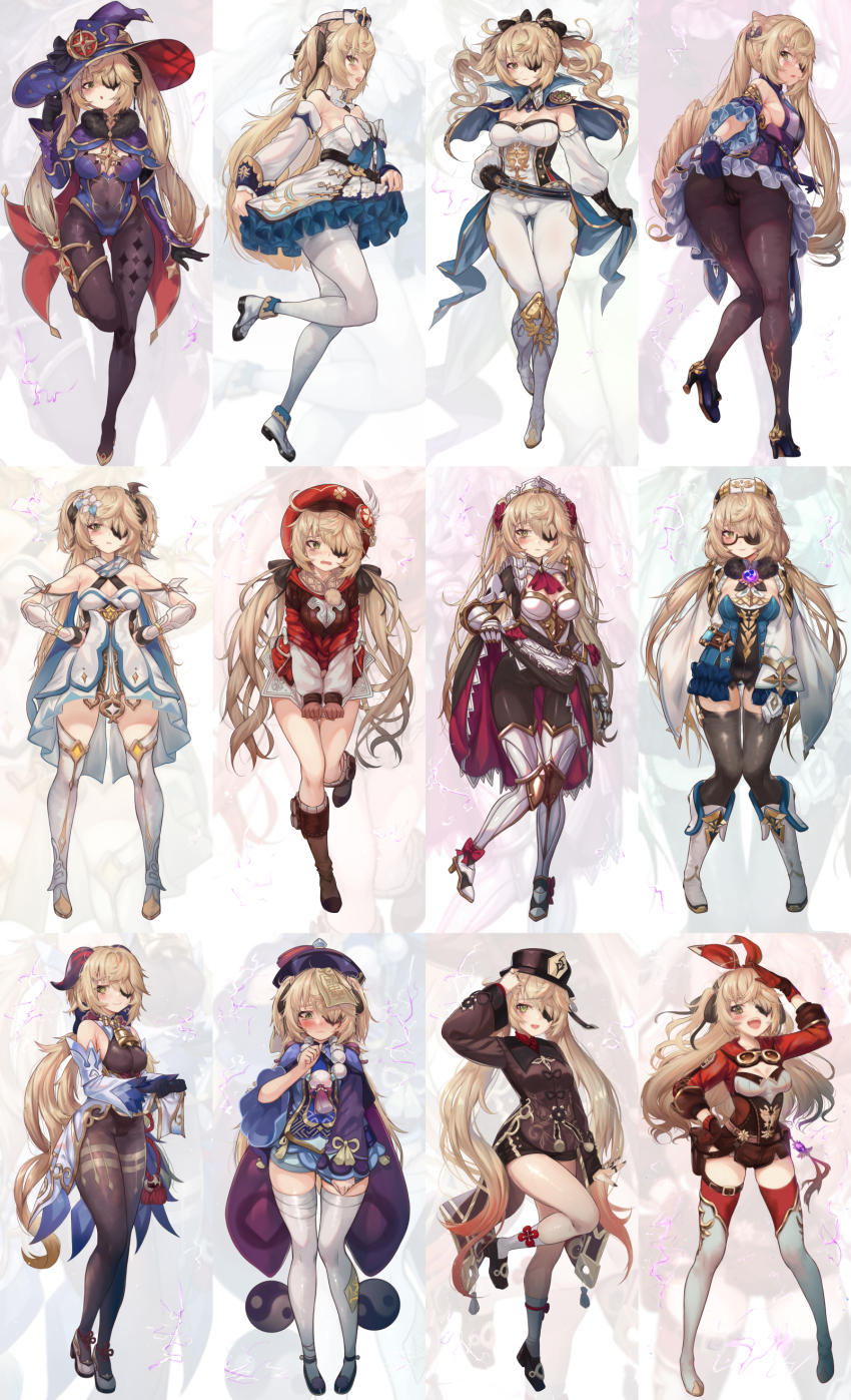 1girl, absurdres, amber_(genshin_impact), amber_(genshin_impact)_(cosplay), barbara_(genshin_impact), barbara_(genshin_impact)_(cosplay), black_ribbon, blonde_hair, blush, breasts, brown_gloves, cleavage, cleavage_cutout, clothing_cutout, cosplay, eyepatch, fischl_(genshin_impact), full_body, ganyu_(genshin_impact), ganyu_(genshin_impact)_(cosplay), genshin_impact, gloves, green_eyes, hair_ribbon, hairband, highres, hu_tao_(genshin_impact), hu_tao_(genshin_impact)_(cosplay), jean_(genshin_impact), jean_(genshin_impact)_(cosplay), keqing_(genshin_impact), keqing_(genshin_impact)_(cosplay), klee_(genshin_impact), klee_(genshin_impact)_(cosplay), long_hair, looking_at_viewer, lumine_(genshin_impact), lumine_(genshin_impact)_(cosplay), medium_breasts, mona_(genshin_impact), mona_(genshin_impact)_(cosplay), noelle_(genshin_impact), noelle_(genshin_impact)_(cosplay), open_mouth, qiqi_(genshin_impact), qiqi_(genshin_impact)_(cosplay), red_gloves, red_hairband, red_thighhighs, ribbon, salute, smile, solo, standing, sucrose_(genshin_impact), sucrose_(genshin_impact)_(cosplay), teeth, thighhighs, thighs, torriet, two-tone_gloves, upper_teeth_only, white_thighhighs