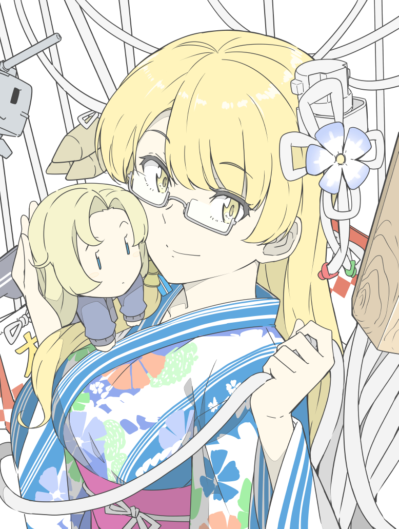 1girl, blonde_hair, blue_kimono, blunt_bangs, box, character_doll, doll, floral_print