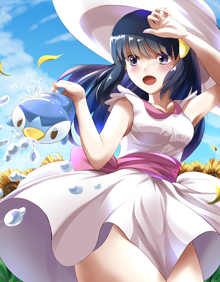 1girl, blue_eyes, blue_hair, breasts, cosplay, dawn_(pokemon), dress, flower