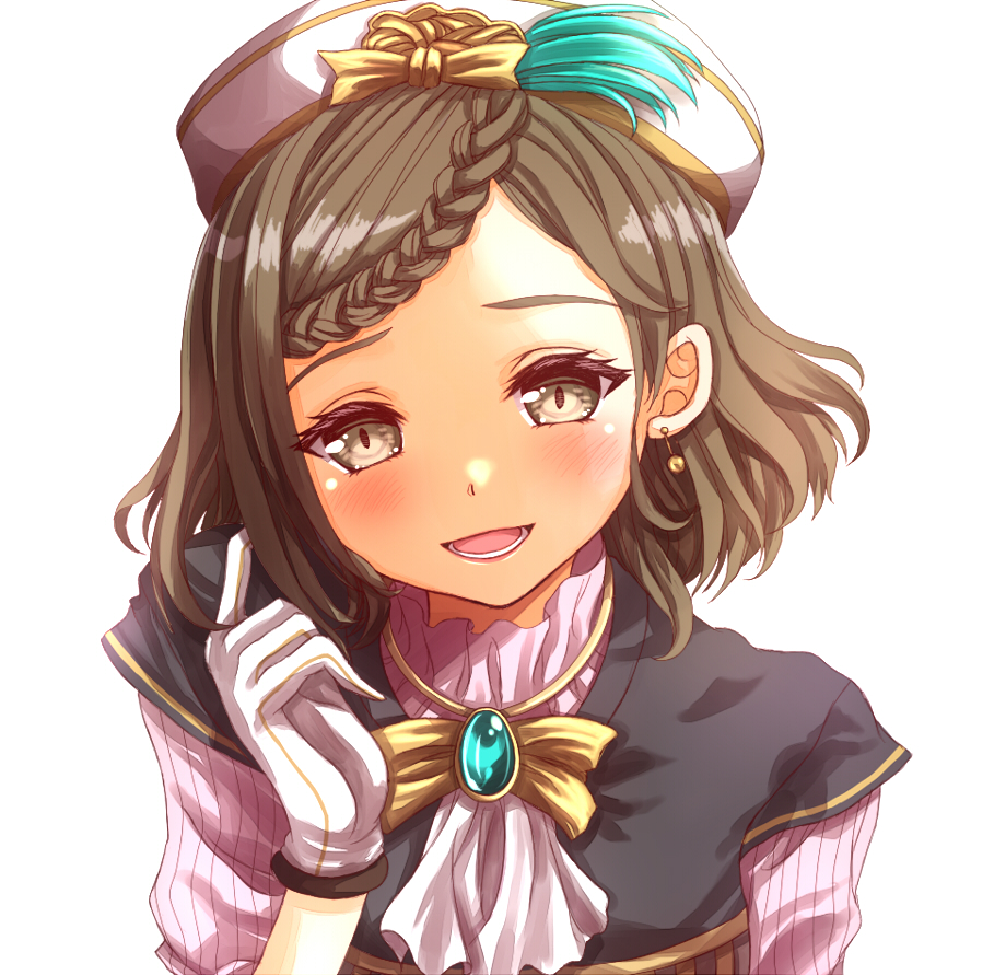 1girl, :d, ascot, blush, bow, braid, brown_eyes, brown_hair, earrings, gloves, hat, hat_bow, jewelry, krysha_pendleton, looking_at_viewer, open_mouth, parted_bangs, short_hair, simple_background, single_braid, smile, solo, upper_body, white_ascot, white_background, white_gloves, white_hat, yellow_bow, yozu_(yozu0420), ys, ys_ix:_monstrum_nox