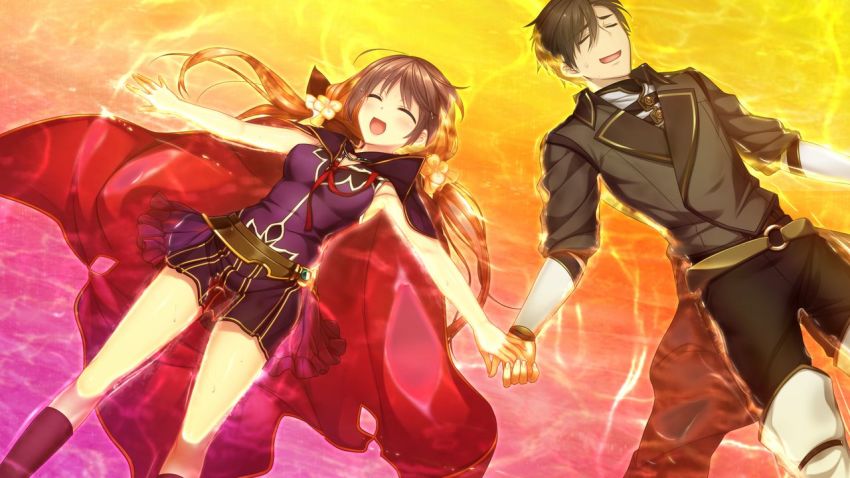 1boy, 1girl, :d, ^_^, black_coat, black_hair, black_pants, black_socks