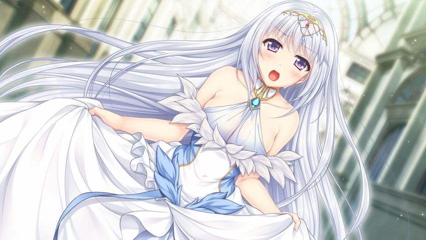 1girl, blurry, blurry_background, blush, collarbone, covered_navel, day, diadem