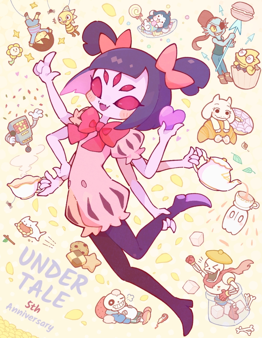 2others, 3boys, 6+girls, alphys, anniversary, annoying_dog, arthropod_girl, black_hair, black_legwear, blush, bone, bow, bug, candy, cape, checkerboard_cookie, chibi, cookie, copyright_name, croissant, cup, donut, dress, extra_arms, flowey_(undertale), food, frisk_(undertale), ghost, goat, hat, heart, highres, holding_own_foot, in_container, insect_girl, jacket, jar, kekorin5, lizard, lollipop, macaron, mettaton, mettaton_(box), monster_kid_(undertale), muffet, multiple_boys, multiple_girls, multiple_others, napstablook, pantyhose, papyrus_(undertale), pink_bow, ponytail, pouring, puffy_short_sleeves, puffy_sleeves, red_eyes, robot, sans_(undertale), short_sleeves, short_twintails, spider, spider_girl, sugar_cube, teacup, teapot, temmie, toriel, twintails, undertale, undyne, utdr_(toby_fox)