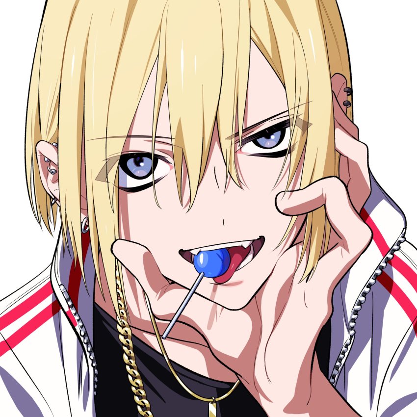 androgynous, black_shirt, blonde_hair, blue_eyes, candy, ear_piercing, eyes_visible_through_hair, fang