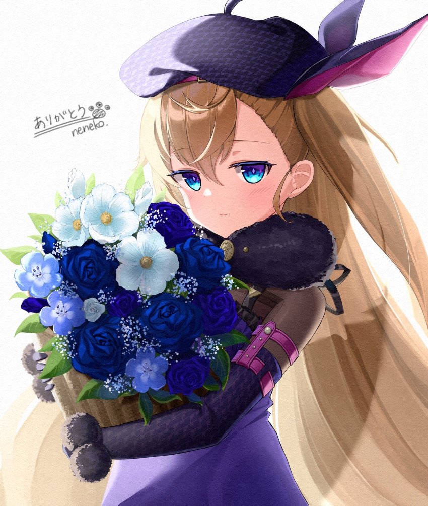 1girl, blue_eyes, blue_flower, blue_rose, bouquet, brown_hair, carrying, commentary_request