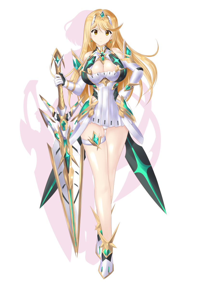 1girl, absurdres, aegis_sword_(xenoblade), bare_legs, bare_shoulders, blonde_hair, breasts, chest_jewel