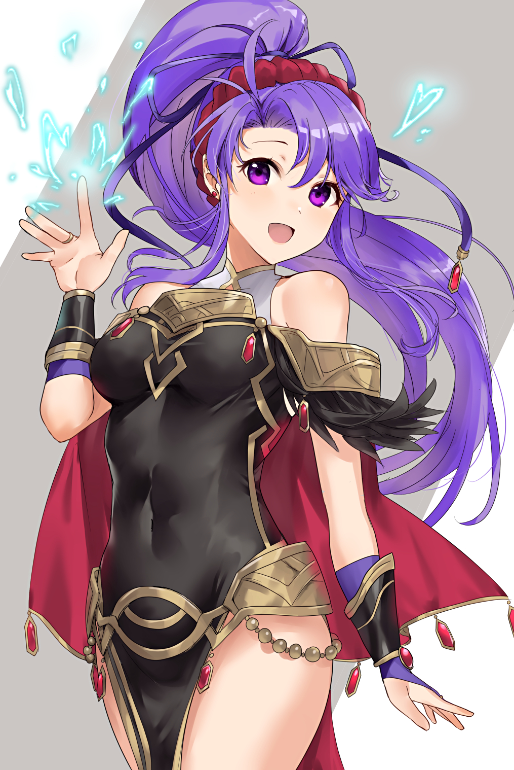 1girl, armor, bracelet, breasts, cape, choker, cleavage, dress, earrings, elbow_gloves, fire_emblem, fire_emblem:_genealogy_of_the_holy_war, fire_emblem_heroes, gloves, haru_(nakajou-28), highres, jewelry, long_hair, looking_at_viewer, nintendo, ponytail, purple_eyes, purple_hair, side_ponytail, simple_background, smile, solo, tailtiu_(fire_emblem), tailtiu_(resplendent)_(fire_emblem), thighhighs, white_gloves