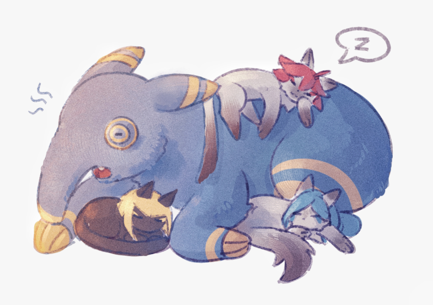 animal_ears, animalization, black_fur, blonde_hair, blue_cat, blue_fur, blue_hair, cat, cat_ears, cat_tail, flamberge_(kirby), francisca_(kirby), fur, highres, hyness, kirby_(series), kirby_star_allies, nintendo, no_humans, open_mouth, red_hair, sleeping, somayumi, tail, tapir, tapir_ears, white_fur, yawning, zan_partizanne, zzz