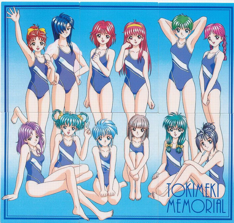 6+girls, aqua_hair, armpits, asahina_yuko, barefoot, blue_hair, braid, everyone, feet, fujisaki_shiori, glasses, green_hair, grey_hair, hair_over_one_eye, hairband, himoo_yuina, kagami_mira, katagiri_ayako, kisaragi_mio, kisaraki_mio, kitokawa_nozomi, kiyokawa_nozomi, konami, koshiki_yukari, kujisaki_shiori, mikihara_megumi, multiple_girls, nijino_saki, official_art, one-piece_swimsuit, pink_hair, purple_hair, red_hair, retro_artstyle, saotome_yumi, school_swimsuit, swimsuit, tatebayashi_miharu, thumbs_up, tokimeki_memorial, trading_card, twin_braids, v, yumi_saotome