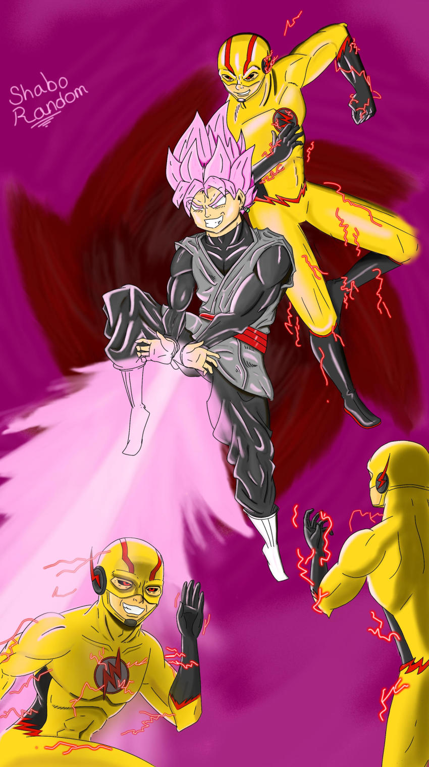 2boys, absurdres, battle, black_sclera, bodysuit, boots, colored_sclera, costume