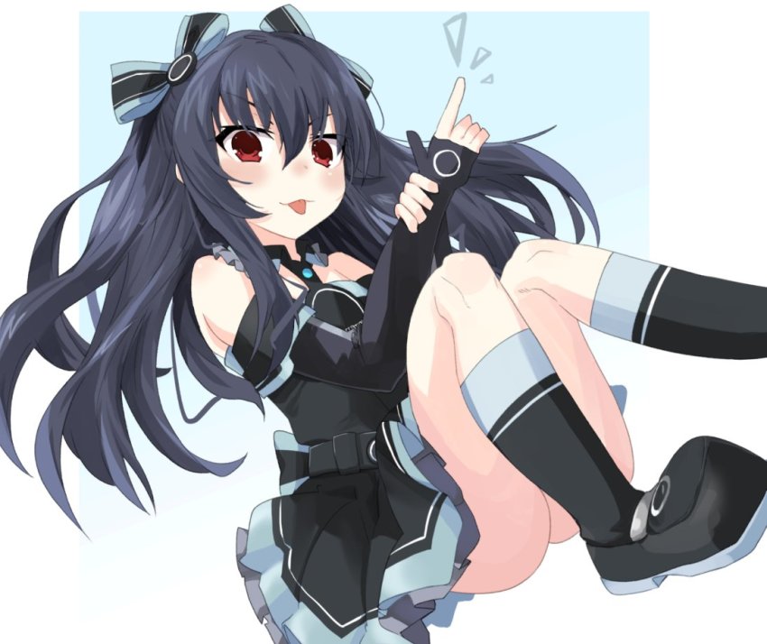 bare_shoulders, black_hair, boots, breasts, collar, dress, fuji_amiha, gloves, hair_ornament, hairclip, long_hair, neptune_(series), red_eyes, skirt, small_breasts, smile, thighs, tongue, tsundere, twintails, two_side_up, uni_(neptunia)