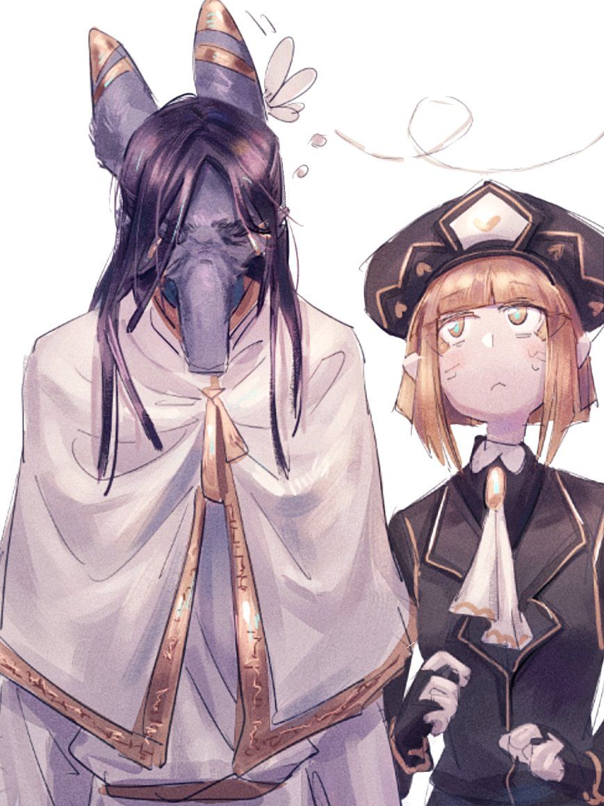 1boy, 1girl, animal_ears, ascot, black_dress, black_hair, black_headwear, blonde_hair