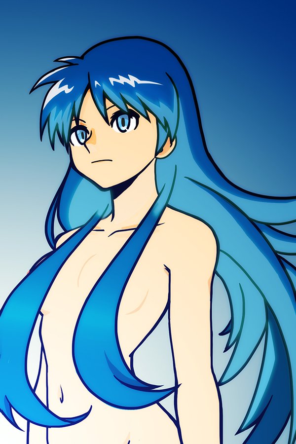 1girl, bare_shoulders, blue_eyes, blue_hair, breasts, closed_mouth, convenient_censoring, convenient_hair, hair_over_breasts, long_hair, lucia_(lunar), lunar, lunar_2:_eternal_blue, navel, nude, simple_background, solo, standing, topless_female, yososhi