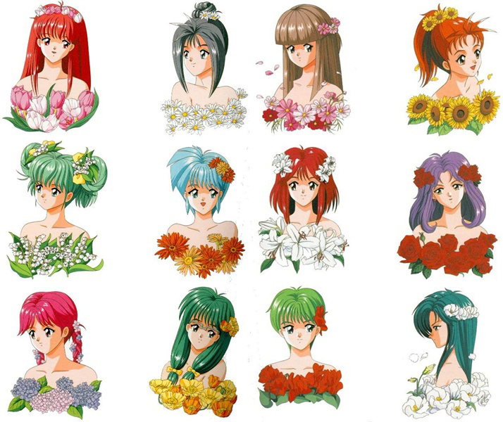 6+girls, aqua_hair, asahina_yuko, bare_shoulders, blue_hair, braid, brown_hair, flower