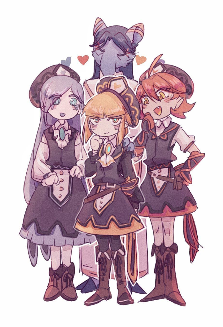 1boy, 3girls, ahoge, animal_ears, black_hair, black_legwear, blonde_hair, blue_eyes, blue_fur, blue_hair, blunt_bangs, blush, boots, brown_footwear, cloak, closed_eyes, colored_eyelashes, dark-skinned_female, dark_skin, family, father_and_child, father_and_daughter, flamberge_(kirby), formal_clothes, francisca_(kirby), frilled_sleeves, frills, furry, furry_male, hair_between_eyes, heart, height_difference, highres, hood, hood_down, hooves, hyness, juliet_sleeves, kirby_(series), kirby_star_allies, long_hair, long_skirt, long_sleeves, medium_skirt, multiple_girls, nintendo, orange_eyes, pale_skin, parent_and_child, pointy_ears, protected_link, puffy_sleeves, red_hair, robe, short_hair, siblings, sidelocks, simple_background, sisters, skirt, smile, somayumi, suit, tapir, tapir_ears, white_background, white_cloak, white_robe, yellow_eyes, zan_partizanne