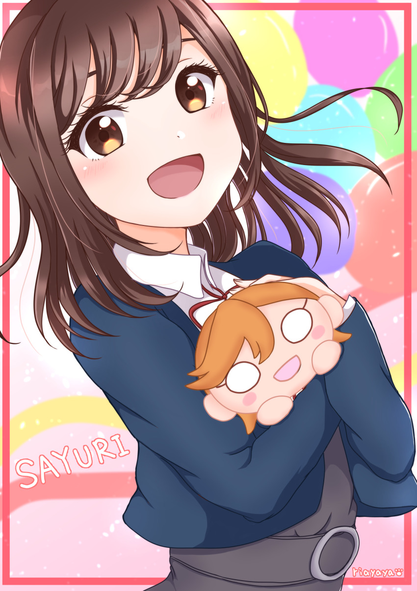 1girl, absurdres, balloon, birthday, blazer, brown_eyes, brown_hair, character_name